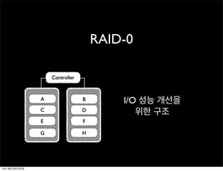 RAID-0
A
C
E
G
B
D
F
H
Controller
I/O 성능 개선을
위한 구조
13년 4월 23일 화요일
 