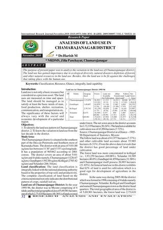 International Reseach Journal,November,2010 ISSN-0975-3486 RNI: RAJBIL 2009/300097 VOL-I *ISSUE 14
32 RESEARCH ANALYSIS AND EVALUATION
Research Paper
123456789012345678901234567890121234567890123456789012345678901212345678901234567890123456789012123456789012345678901234567
123456789012345678901234567890121234567890123456789012345678901212345678901234567890123456789012123456789012345678901234567
123456789012345678901234567890121234567890123456789012345678901212345678901234567890123456789012123456789012345678901234567
123456789012345678901234567890121234567890123456789012345678901212345678901234567890123456789012123456789012345678901234567
123456789012345678901234567890121234567890123456789012345678901212345678901234567890123456789012123456789012345678901234567
123456789012345678901234567890121234567890123456789012345678901212345678901234567890123456789012123456789012345678901234567
123456789012345678901234567890121234567890123456789012345678901212345678901234567890123456789012123456789012345678901234567
November, 2010
Introduction:
Landuseisnotonlyabasicresourcebut
consideredasapreciousasset.Theland
uses are measured on time and space.
The land should be managed as to
satisfy at least the basic needs of man,
food production, shelter, recreation,
communication,andtransportationetc.
The significance of these factors will
always vary with the social and
economic development of a particular
underforest.Thenetsownareainthedistrictaccounts
for1,72,335hectares(30.24%).Thelandnotavailablefor
cultivationwasof43,994hectares(7.72%).
Source:ChamarajanagarDistrictataGlance–1995-
96 Department of Statistics, Mysore
Thefollowlandwasaboutof41,977hectares(7.37%)
and other cultivable land accounts about 35,985
hectares(6.31%).Fromtheabovedataitrevealsthat
the district has good percentage of land under
cultivation
The forest land was more concentrated in kollegal
i.e., 1,93,259 hectares (69.08%), Yelandur 10,589
hectares(40.0%),Gundlupet44,859hectares(31.90%)
and Chamarajanagar itself possess 26,903 hectares
(21.85%).InGenerallanduseinthisdistrictexhibits
that 62% of land is used for cultivation which is a
good sign for development of agriculture in the
district.
Inthesamewayduring2005-06thedistrict
whichwasformedin1998consistingof4taluksnamely
Chamarajanagar,Yelandur,KollegalandGundlupet
andnamedChamarajanagaratownasthedistricthead
quarters.Thetotalgeographicalareaofthedistrictis
of 5,69,901 hectares, the forest land was 2,75,610
ANALYSIS OFLAND USE IN
CHAMARAJANAGARDISTRICT
* Dr.Harish M
* NRDMS, Zilla Panchayat, Chamarajanagar
Keywords: Classification, Resource, Glance, integrally, land capability
A B S T R A C T
The purpose of present paper was to analyze the variation in the land use of Chamarajanagar district.
The land use has gained importance due to ecological diversity, natural disasters depletion of forests
and other natural resources in the land use. Besides, this the land use is be fit against the challenges
that taking place with the human use.
Land use in Chamarajanagar District 1995-96
SN Taluks Geograp Forest Land not Other Fallow Net
hical Available Uncultivated Land Sown
for Cultivation Area Land* Area
1 Chamarajanagara 1,23,078 26,903 11,233 16,221 20,948 47,773
(21.85) (9.13) (11.8) (17.02) (38.81)
2 Gundlupet 1,40,607 44,859 11,146 17,067 4,983 62,552
(3.54) (44.49) (31.90) (7.93) (12.14)
3 Kollegal 2,79,743 ,93,259 16,058 2,188 14,241 53,997
(5.75) (0.78) (5.09) (19.30) (69.08)
4 Yelandur 26,473 10,589 5,557 509 1,805 8,013
(40.00) (20.99) (1.92 ) (6.85) (30.27)
Total 5,69,901 ,75,610 43,994 33,985 41,977 1,72,335
(30.24) (48.36) (7.72) (6.31) (7.37)
region.
Objectives:
1.ToidentifythelandusepatterninChamarajanagar
district.2.Toknowthevariationinlandusefromthe
last decade in the district.
StudyArea:
TheChamarajangardistrictissituatedinthesouthern
part of the Deccan Peninsula and Southern most of
KarnatakaState.Thedistrictwithanareaof5101.00
sq.kmsliesbetween1130’and1335’eastlongitude.
It has a population of 965462 according to 2001
census. The district covers an area of about 5101
sq.kmand4taluksnamely,Chamarajangar(1226.67
sq.km),Gundlupet(1392.88sqkm)Kollegal(2785.82
sq.km)andYelandur(266.34km).
Land classification: The land classification is
integrallylinkedwiththenationalplanningauthority
based in the properties of top soils and productivity.
The complete classification of land based on the
criteriamentionednotonlyindicatesthedistributional
pattern of crops, rainfall soil etc.
Land use of Chamarajangar District: In the year
1995-96, the district was in Mysore comprising of 4
taluksandhastotalgeographicalareaof5,69,901hectares
outofwhich2,75,610hectares(48.36%)oflandcovered
 