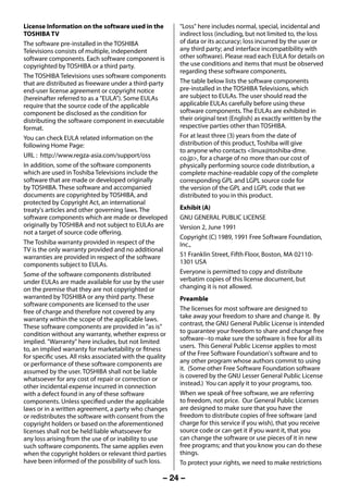 License Information on the software used in the            "Loss" here includes normal, special, incidental and
     TOSHIBA TV                                                 indirect loss (including, but not limited to, the loss
     The software pre-installed in the TOSHIBA                  of data or its accuracy; loss incurred by the user or
     Televisions consists of multiple, independent              any third party; and interface incompatibility with
     software components. Each software component is            other software). Please read each EULA for details on
     copyrighted by TOSHIBA or a third party.                   the use conditions and items that must be observed
                                                                regarding these software components.
     The TOSHIBA Televisions uses software components
     that are distributed as freeware under a third-party       The table below lists the software components
     end-user license agreement or copyright notice             pre-installed in the TOSHIBA Televisions, which
     (hereinafter referred to as a "EULA"). Some EULAs          are subject to EULAs. The user should read the
     require that the source code of the applicable             applicable EULAs carefully before using these
     component be disclosed as the condition for                software components. The EULAs are exhibited in
     distributing the software component in executable          their original text (English) as exactly written by the
     format.                                                    respective parties other than TOSHIBA.
     You can check EULA related information on the              For at least three (3) years from the date of
     following Home Page:                                       distribution of this product, Toshiba will give
                                                                to anyone who contacts <linux@toshiba-dme.
     URL : http://www.regza-asia.com/support/oss                co.jp>, for a charge of no more than our cost of
     In addition, some of the software components               physically performing source code distribution, a
     which are used in Toshiba Televisions include the          complete machine-readable copy of the complete
     software that are made or developed originally             corresponding GPL and LGPL source code for
     by TOSHIBA. These software and accompanied                 the version of the GPL and LGPL code that we
     documents are copyrighted by TOSHIBA, and                  distributed to you in this product.
     protected by Copyright Act, an international
     treaty's articles and other governing laws. The            Exhibit (A)
     software components which are made or developed            GNU GENERAL PUBLIC LICENSE
     originally by TOSHIBA and not subject to EULAs are         Version 2, June 1991
     not a target of source code offering.
                                                                Copyright (C) 1989, 1991 Free Software Foundation,
     The Toshiba warranty provided in respect of the            Inc.,
     TV is the only warranty provided and no additional
     warranties are provided in respect of the software         51 Franklin Street, Fifth Floor, Boston, MA 02110-
     components subject to EULAs.                               1301 USA
     Some of the software components distributed                Everyone is permitted to copy and distribute
     under EULAs are made available for use by the user         verbatim copies of this license document, but
     on the premise that they are not copyrighted or            changing it is not allowed.
     warranted by TOSHIBA or any third party. These             Preamble
     software components are licensed to the user
     free of charge and therefore not covered by any            The licenses for most software are designed to
     warranty within the scope of the applicable laws.          take away your freedom to share and change it. By
     These software components are provided in "as is"          contrast, the GNU General Public License is intended
     condition without any warranty, whether express or         to guarantee your freedom to share and change free
     implied. "Warranty" here includes, but not limited         software--to make sure the software is free for all its
     to, an implied warranty for marketability or fitness       users. This General Public License applies to most
     for specific uses. All risks associated with the quality   of the Free Software Foundation's software and to
     or performance of these software components are            any other program whose authors commit to using
     assumed by the user. TOSHIBA shall not be liable           it. (Some other Free Software Foundation software
     whatsoever for any cost of repair or correction or         is covered by the GNU Lesser General Public License
     other incidental expense incurred in connection            instead.) You can apply it to your programs, too.
     with a defect found in any of these software               When we speak of free software, we are referring
     components. Unless specified under the applicable          to freedom, not price. Our General Public Licenses
     laws or in a written agreement, a party who changes        are designed to make sure that you have the
     or redistributes the software with consent from the        freedom to distribute copies of free software (and
     copyright holders or based on the aforementioned           charge for this service if you wish), that you receive
     licenses shall not be held liable whatsoever for           source code or can get it if you want it, that you
     any loss arising from the use of or inability to use       can change the software or use pieces of it in new
     such software components. The same applies even            free programs; and that you know you can do these
     when the copyright holders or relevant third parties       things.
     have been informed of the possibility of such loss.        To protect your rights, we need to make restrictions

                                                           – 24 –



23293240PB200Series_En.indd 24                                                                              2012/10/04 14:55:51
 