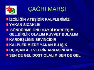 ÇAĞRI MARŞI
İZCİLİĞİN ATEŞİDİR KALPLERİMİZİ
YAKAN SICAKLIK
 SÖNDÜRME ONU HAYDİ KARDEŞİM
GEL,BİRLİK OLALIM KUVVET BULALIM
KARDEŞLİĞİN SEVİNCİDİR
KALPLERİMİZDE YANAN BU IŞIK
UÇUŞAN ALEVLERİN ARKASINDAN
SEN DE GEL DOST OLALIM SEN DE GEL
 