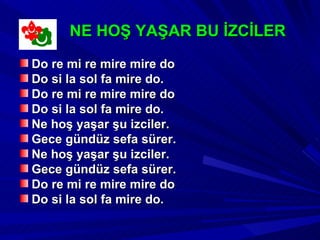 NE HOŞ YAŞAR BU İZCİLER
Do re mi re mire mire do
Do si la sol fa mire do.
Do re mi re mire mire do
Do si la sol fa mire do.
Ne hoş yaşar şu izciler.
Gece gündüz sefa sürer.
Ne hoş yaşar şu izciler.
Gece gündüz sefa sürer.
Do re mi re mire mire do
Do si la sol fa mire do.
 