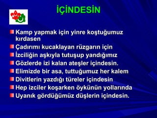 İÇİNDESİN

Kamp yapmak için yinre koştuğumuz
kırdasen
Çadırımı kucaklayan rüzgarın için
İzciliğin aşkıyla tutuşup yandığımız
Gözlerde izi kalan ateşler içindesin.
Elimizde bir asa, tuttuğumuz her kalem
Divitlerin yazdığı türeler içindesin
Hep izciler koşarken öykünün yollarında
Uyanık gördüğümüz düşlerin içindesin.
 