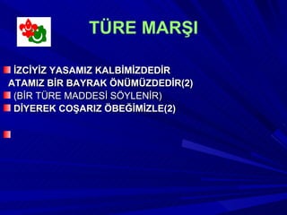 TÜRE MARŞI

 İZCİYİZ YASAMIZ KALBİMİZDEDİR
ATAMIZ BİR BAYRAK ÖNÜMÜZDEDİR(2)
 (BİR TÜRE MADDESİ SÖYLENİR)
 DİYEREK COŞARIZ ÖBEĞİMİZLE(2)
 