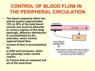 CONTROL OF BLOOD FLOW IN  THE PERIPHERAL CIRCULATION The blood contained within the arterial system approximates 15% to 20% of the total blood volume and must be allocated to various regions of the body sparingly. Selective distribution is accomplished by the arterioles, which control regional blood flow. Control of flow is accomplished by:  a) ANS and hormones, which are generally under central control.  b) Factors that are released and act at the local level. 