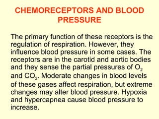 CHEMORECEPTORS AND BLOOD PRESSURE The primary function of these receptors is the regulation of respiration. However, they influence blood pressure in some cases. The receptors are in the carotid and aortic bodies and they sense the partial pressures of O 2  and CO 2 . Moderate changes in blood levels of these gases affect respiration, but extreme changes may alter blood pressure. Hypoxia and hypercapnea cause blood pressure to increase.  