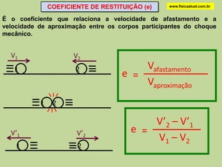 COEFICIENTE DE RESTITUIÇÃO (e)     www.fisicaatual.com.br


É o coeficiente que relaciona a velocidade de afastamento e a
velocidade de aproximação entre os corpos participantes do choque
mecânico.


  V1                  V2
   1                   2                Vafastamento
                                    e =
                                        Vaproximação
               
           1    2
               
                                           V’2 – V’1
  V’1                  V’2             e =
                                           V1 – V2
    1                  2
 