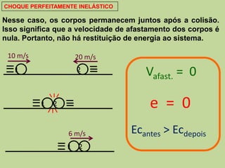 CHOQUE PERFEITAMENTE INELÁSTICO

Nesse caso, os corpos permanecem juntos após a colisão.
Isso significa que a velocidade de afastamento dos corpos é
nula. Portanto, não há restituição de energia ao sistema.

 10 m/s               20 m/s
   1                  2
                                       Vafast. = 0
              
          1   2
                                       e = 0
                  6 m/s            Ecantes > Ecdepois
                  1    2
 