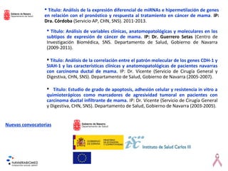  Título: Análisis de la expresión diferencial de miRNAs e hipermetilación de genes
en relación con el pronóstico y respuesta al tratamiento en cáncer de mama. IP:
Dra. Córdoba (Servicio AP, CHN, SNS). 2011-2013.
Nuevas convocatorias
 Título: Análisis de variables clínicas, anatomopatológicas y moleculares en los
subtipos de expresión de cáncer de mama. IP: Dr. Guerrero Setas (Centro de
Investigación Biomédica, SNS. Departamento de Salud, Gobierno de Navarra
(2009-2011).
 Título: Análisis de la correlación entre el patrón molecular de los genes CDH-1 y
SIAH-1 y las características clínicas y anatomopatológicas de pacientes navarras
con carcinoma ductal de mama. IP: Dr. Vicente (Servicio de Cirugía General y
Digestiva, CHN, SNS). Departamento de Salud, Gobierno de Navarra (2005-2007).
 Título: Estudio de grado de apoptosis, adhesión celular y resistencia in vitro a
quimioterápicos como marcadores de agresividad tumoral en pacientes con
carcinoma ductal infiltrante de mama. IP: Dr. Vicente (Servicio de Cirugía General
y Digestiva, CHN, SNS). Departamento de Salud, Gobierno de Navarra (2003-2005).
 