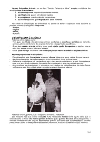 Hernani Guimarães Andrade, no seu livro “Espírito, Perispírito e Alma”, propõe a existência dos
seguintes tipos de ectoplasma:
       1. ectomineroplasma, originário dos materiais minerais;
       2. ectofitoplasma, quando extraído dos vegetais;
       3. ectozooplasma, quando produzido pelos animais;
       4. ectohumanoplasma, quando produzido pelos humanos.
   Para efeito de simplificação de terminologia, no sentido de tornar o significado mais acessível às
pessoas, podemos dizer apenas. ectoplasma:
   - mineral,
   - vegetal,
   - animal,
   - humano.

    O ECTOPLASMA É MATÉRIA?
    Podemos definir matéria como:
-    Tudo que é constituído pelos elementos químicos constantes da classificação periódica dos elementos
     químicos, além evidentemente dos próprios elementos e das partículas subatômicas.
-    O que tem massa e energia, portanto o que estaá sujeito à ação da gravidade, o que tem peso e,
     além disto, ocupa um certo volume no espaço.
-    O que pode interagir fisicamente com outras porções da matéria através das reações químicas.

    Algumas propriedades do ectoplasma:
-   Ele está sujeito à ação da gravidade terrestre e interage fisicamente com a matéria do corpo humano.
-   Nas fotografias vemos o ectoplasma saindo da boca do médium, como se fosse panos.
-   Os fatos de o ectoplasma cair na direção do solo e de o espírito materializado, a partir do ectoplasma,
    estar junto ao chão são evidências de que este fluido está sujeito à ação da gravidade terrestre.
-   Alguns autores que já estudaram o ectoplasma, em trabalhos de materialização e de efeitos físicos,
    verificaram a ação da gravidade sobre o ectoplasma através do uso de balança.




   Podemos concluir, portanto, que o ectoplasma é matéria!...Podemos?
   Este raciocínio nos leva a uma conclusão muito interessante: Parece haver alguma coisa que se
comporta como se fosse uma matéria paralela à matéria que a química descreve. Em outras palavras, é
como se houvesse um outro conjunto de elementos químicos coexistente com os conhecidos ou previstos
pela química.É como se fosse possível estabelecer, pelo menos, mais uma outra Classificação Periódica.




                                                                                                       209
 