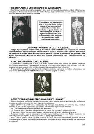 O ECTOPLASMA É UM COMBINADO DE SUBSTÂNCIAS
   Quando os espíritos desencarnados podem dispor dele em bastante quantidade, então o utilizam para a
produção de fenômenos mediúnicos de efeitos físicos, após combinarem-no com outras substâncias
extraídas do reservatório oculto da natureza.




                                          O ectoplasma não é substância
                                          que os desencarnados podem
                                            seccionar ou manusear sob
                                              total independência dos
                                          médiuns, os quais, mesmo em
                                           transe completo, mantém-se
                                           ligados mentalmente a esse
                                          prolongamento vivo, inquieto e
                                               influenciável até pelos
                                             assistentes encarnados.




                         LIVRO “MISSIONÁRIOS DA LUZ” - ANDRÉ LUIZ
   “Logo depois reparei, surpreendido, o trabalho de várias entidades que chegavam do exterior,
trazendo extenso material luminoso. São recursos da natureza, informou-me o instrutor, solícito que
os operários de nosso plano recolhem para o serviço. Trata-se de elementos das plantas e das
águas, naturalmente invisíveis aos olhos dos homens, estruturados para reduzido número de
vibrações”.

   COMO APRESENTA-SE O ECTOPLASMA
    O ectoplasma apresenta-se à visão dos desencarnados como uma massa de gelatina pegajosa,
branquíssima e semilíquida, que se exsuda através de todos os poros do médium, mas em maior proporção
pelas narinas, pela boca ou pelos ouvidos, pelas pontas dos dedos e ainda pelo tórax.
    O ectoplasma, à feição do magnetismo, é energia disseminada e presente em toda a natureza que, por
lei evolutiva, é mais apurada no homem do que no mineral, vegetal ou animal.




   COMO É PRODUZIDO O ECTOPLASMA NO SER HUMANO?
    Deduzindo que os espíritos encarnados, em contato com a matéria, durante a encarnação, produzem o
ectoplasma, podemos, a partir daí, tecer algumas considerações:
    a) Se admitimos a existência do ectoplasma nos minerais, nas plantas, nos animais, etc., podemos
entender de que, um dos ingredientes que forma o ectoplasma é originário dos alimentos.
    b) Outro ingrediente provem do oxigênio que respiramos.
    c) Ainda há outro ingrediente que é produzido no interior das células do nosso corpo físico.
    O que ocorre é uma “transformação” desses ectoplasmas primários em ectoplasma humano.
    Podemos concluir que o ectoplasma encontra suas matérias primas nos fluidos resultantes da
alimentação, da respiração e da atividade celular do nosso organismo físico.
    Agora, vem a questão, onde e quando ocorre o processo metabólico das reações químicas, físicas e
biológicas entre os fluidos resultantes da alimentação, da respiração e da atividade celular que resultam no
ectoplasma?

                                                                                                       210
 