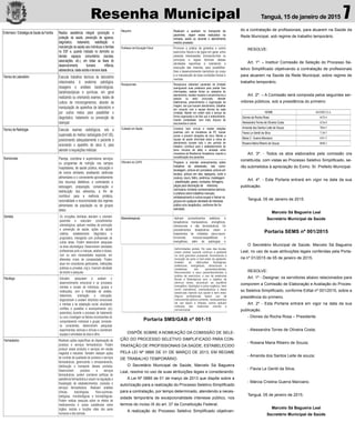 Resenha Municipal Tanguá, 15 de janeiro de 2015 7
Portaria SMS/GAB nº 001-15
DISPÕE SOBRE A NOMEAÇÃO DA COMISSÃO DE SELE-
ÇÃO DO PROCESSO SELETIVO SIMPLIFICADO PARA CON-
TRATAÇÃO DE PROFISSIONAIS DA SAÚDE, ESTABELECIDO
PELA LEI Nº 0885 DE 01 DE MARÇO DE 2013, EM REGIME
DE TRABALHO TEMPORÁRIO.
O Secretário Municipal de Saúde, Marcelo Sá Bagueira
Leal, resolve no uso de suas atribuições legais e considerando:
A Lei Nº 0885 de 01 de março de 2013 que dispõe sobre a
autorização para a realização do Processo Seletivo Simpliﬁcado
para a contratação, por tempo determinado, atendendo a neces-
sidade temporária de excepcionalidade interesse público, nos
termos do inciso IX do art. 37 da Constituição Federal;
A realização do Processo Seletivo Simpliﬁcado objetivan-
do a contratação de proﬁssionais, para atuarem na Saúde da
Rede Municipal, sob regime de trabalho temporário.
RESOLVE:
Art. 1º. – Instituir Comissão de Seleção do Processo Se-
letivo Simpliﬁcado objetivando a contratação de proﬁssionais
para atuarem na Saúde da Rede Municipal, sobre regime de
trabalho temporário.
Art. 2º. – A Comissão será composta pelos seguintes ser-
vidores públicos, sob a presidência do primeiro:
Art. 3º. - Todos os atos elaborados pela comissão ora
constituída, com vistas ao Processo Seletivo Simpliﬁcado, se-
rão submetidos à apreciação do Exmo. Sr. Prefeito Municipal.
Art. 4º. - Esta Portaria entrará em vigor na data da sua
publicação.
Tanguá, 05 de Janeiro de 2015.
Marcelo Sá Bagueira Leal
Secretário Municipal de Saúde
Portaria SEMS nº 001/2015
O Secretário Municipal de Saúde, Marcelo Sá Bagueira
Leal, no uso de suas atribuições legais conferidas pela Porta-
ria nº 01/2015 de 05 de janeiro de 2015,
RESOLVE:
Art. 1º - Designar, os servidores abaixo relacionados para
comporem a Comissão de Elaboração e Avaliação do Proces-
so Seletiva Simpliﬁcado, conforme Edital nº 001/2015, sobre a
presidência do primeiro.
Art. 2º - Esta Portaria entrará em vigor na data da sua
publicação.
- Diones da Rocha Rosa – Presidente
- Alessandra Torres de Oliveira Costa;
- Rosana Maria Ribeiro de Souza;
- Amanda dos Santos Leite de souza;
- Flavia Le Gentil da Silva;
- Márcia Cristina Guerra Marciano.
Tanguá, 05 de janeiro de 2015.
Marcelo Sá Bagueira Leal
Secretário Municipal de Saúde
Nutricionista Planeja, coordena e supervisiona serviços
ou programas de nutrição nos campos
hospitalares, de saúde pública, educação e
de outros similares, analisando carências
alimentares e o conveniente aproveitamento
dos recursos dietéticos, e controlando a
estocagem, preparação, conservação e
distribuição dos alimentos, a fim de
contribuir para a melhoria protéica,
racionalidade e economicidade dos regimes
alimentares da população ou de grupos
desta:
Dentista Os cirurgiões dentistas atendem e orientam
pacientes e executam procedimentos
odontológicos, aplicam medidas de promoção
e prevenção de saúde, ações de saúde
coletiva, estabelecendo diagnóstico e
prognóstico, interagindo com profissionais de
outras áreas. Podem desenvolver pesquisas
na área odontológica. Desenvolvem atividades
profissionais junto a crianças, adultos e idosos,
com ou sem necessidades especiais, em
diferentes níveis de complexidade. Podem
atuar em consultórios particulares, instituições
públicas ou privadas, ong´s. Exercem atividade
de ensino e pesquisa.
Psicólogo Estudam, pesquisam e avaliam o
desenvolvimento emocional e os processos
mentais e sociais de indivíduos, grupos e
instituições, com a finalidade de análise,
tratamento, orientação e educação;
diagnosticam e avaliam distúrbios emocionais
e mentais e de adaptação social, elucidando
conflitos e questões e acompanhando o(s)
paciente(s) durante o processo de tratamento
ou cura; investigam os fatores inconscientes do
comportamento individual e grupal, tornando-
os conscientes; desenvolvem pesquisas
experimentais, teóricas e clínicas e coordenam
equipes e atividades de área e afins.
Farmacêutico Realizam ações específicas de dispensação de
produtos e serviços farmacêuticos. Podem
produzir esses produtos e serviços em escala
magistral e industrial. Também realizam ações
de controle de qualidade de produtos e serviços
farmacêuticos, gerenciando o armazenamento,
distribuição e transporte desses produtos.
Desenvolvem produtos e serviços
farmacêuticos, podem coordenar políticas de
assistência farmacêutica e atuam na regulação e
fiscalização de estabelecimentos, produtos e
serviços farmacêuticos. Realizam análises
clínicas, toxicológicas, físico-químicas,
biológicas, microbiológicas e bromatológicas.
Podem realizar pesquisa sobre os efeitos de
medicamentos e outras substâncias sobre
órgãos, tecidos e funções vitais dos seres
humanos e dos animais.
Maqueiro Realizam e auxiliam no transporte de
pacientes, sejam esses realizados na
entrada, saída ou durante o atendimento
médico prestado.
Professor de Educação Física Promove a prática da ginástica e outros
exercícios físicos e de jogos em geral, entre
pessoas interessadas, ensinando-lhes os
princípios e regras técnicas dessas
atividades esportivas e orientando a
execução das mesmas, para possibilitar-
lhes o desenvolvimento harmônico do corpo
e a manutenção de boas condições físicas e
mentais:
Recepcionista Recepciona visitantes/ pacientes da Unidade
averiguando suas pretensos para prestar lhes
informações, realizar fichas ou cadastros de
atendimento, receber recados e encaminha-los a
pessoa ou setor procurado, atender
telefonemas, preenchimento e organização da
triagem, dos que buscam atendimento, trabalhar
em conjunto com a equipe técnica de cada
Unidade. Manter em ordem todo o serviço de
forma organizada e de fácil uso e entendimento,
manter cordialidade, bom trato; Arquivo de
documentos e outros.
Cuidador em Saúde Construir bom vinculo e manter relações
positivas com os moradores da RT, buscar
prever e prevenir situações de risco; Manter a
equipe de saúde informada sobre a rotina de
atendimento durante todo o seu período de
trabalho; contribuir para o estabelecimento de
bons vínculos de afeto e amizade entre
moradores da Residencia Terapêutica, visando a
sociabilização dos pacientes.
Oficineiro do CAPS Preparar e orientar ensinamentos sobre
trabalhos de artesanato, tais como:
tecelagem, pintura em porcelana, pintura em
tecidos, pintura em tela, tapeçaria, corte e
costura, couro, feltro, cerâmica, modelagem
, plastificação, gesso, bordados, folhagens,
peças para decoração de interiores,
colchoaria; ministrar conhecimentos teóricos
e práticos sobre trabalhos manuais,
embelezamento e outros ocupar e treinar os
grupos em qualquer atividade de interesse
prático e/ou terapêutico, conforme lhe for
solicitado.
Massoterapeuta Aplicam procedimentos estéticos e
terapêuticos manipulativos, energéticos,
vibracionais e não farmacêuticos. Os
procedimentos terapêuticos visam a
tratamentos de moléstias psico-neuro-
funcionais, músculo-esqueléticas e
energéticas; além de patologias e
deformidades podais. No caso das doulas,
visam prestar suporte contínuo a gestante
no ciclo gravídico puerperal, favorecendo a
evolução do parto e bem-estar da gestante.
Avaliam as disfunções fisiológicas,
sistêmicas, energéticas, vibracionais e
inestéticas dos pacientes/clientes.
Recomendam a seus pacientes/clientes a
prática de exercícios, o uso de essências
florais e fitoterápicos com o objetivo de
diminuir dores, reconduzir ao equilíbrio
energético, fisiológico e psico-orgânico, bem
como cosméticos, cosmecêuticos e óleos
essenciais visando sua saúde e bem estar.
Alguns profissionais fazem uso de
instrumental pérfuro-cortante, medicamentos
de uso tópico e órteses; outros aplicam
métodos das medicinas oriental e
convencional.
NOME MATRÍCULA
Diones da Rocha Rosa 4478-4
Alessandra Torres de Oliveira Costa 4256-0
Amanda dos Santos Leite de Souza 7064-5
Flavia Le Gentil da Silva 7130-7
Maria C. Guerra Marciano 4391-5
Rosana Maria Ribeiro de Souza 0600-2
Enfermeiro / Estratégia de Saúde da Família Realiza assistência integral (promoção e
proteção da saúde, prevenção de agravos,
diagnóstico, tratamento, reabilitação e
manutenção da saúde) aos indivíduos e famílias
no ESF e, quando indicado no domicílio ou
demais espaços comunitários (escolas,
associações, etc.), em todas as fases do
desenvolvimento humano: infância,
adolescência, idade adulta e terceira idade.
Técnico de Laboratório Executa trabalhos técnicos de laboratório
relacionados à anatomia patológica,
dosagens e análises bacteriológicas,
bacterioscópicas e químicas, em geral
realizando ou orientando exames, testes de
cultura de microorganismos, através da
manipulação de aparelhos de laboratório e
por outros meios para possibilitar o
diagnóstico, tratamento ou prevenção de
doenças:
Técnico de Radiologia Executa exames radiológicos, sob a
supervisão do médico radiologista (0-61.65),
posicionando adequadamente o paciente e
acionando o aparelho de raios X, para
atender a requisições médicas:
 