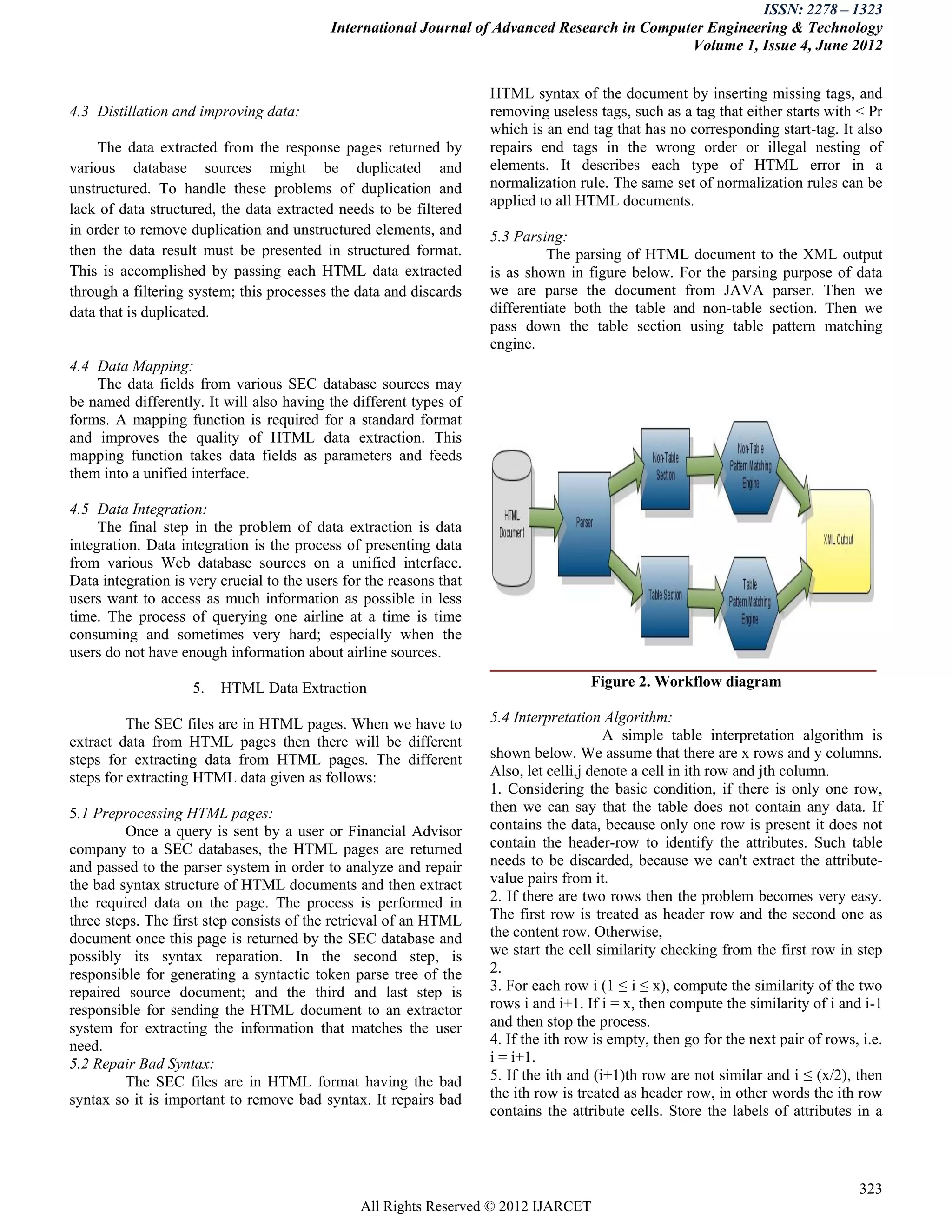 ISSN: 2278 – 1323
                                           International Journal of Advanced Research in Computer Engineering & Technology
                                                                                               Volume 1, Issue 4, June 2012


                                                                     HTML syntax of the document by inserting missing tags, and
4.3 Distillation and improving data:                                 removing useless tags, such as a tag that either starts with < Pr
                                                                     which is an end tag that has no corresponding start-tag. It also
     The data extracted from the response pages returned by          repairs end tags in the wrong order or illegal nesting of
various database sources might be duplicated and                     elements. It describes each type of HTML error in a
unstructured. To handle these problems of duplication and            normalization rule. The same set of normalization rules can be
                                                                     applied to all HTML documents.
lack of data structured, the data extracted needs to be filtered
in order to remove duplication and unstructured elements, and        5.3 Parsing:
then the data result must be presented in structured format.                   The parsing of HTML document to the XML output
This is accomplished by passing each HTML data extracted             is as shown in figure below. For the parsing purpose of data
through a filtering system; this processes the data and discards     we are parse the document from JAVA parser. Then we
data that is duplicated.                                             differentiate both the table and non-table section. Then we
                                                                     pass down the table section using table pattern matching
                                                                     engine.
4.4 Data Mapping:
    The data fields from various SEC database sources may
be named differently. It will also having the different types of
forms. A mapping function is required for a standard format
and improves the quality of HTML data extraction. This
mapping function takes data fields as parameters and feeds
them into a unified interface.

4.5 Data Integration:
     The final step in the problem of data extraction is data
integration. Data integration is the process of presenting data
from various Web database sources on a unified interface.
Data integration is very crucial to the users for the reasons that
users want to access as much information as possible in less
time. The process of querying one airline at a time is time
consuming and sometimes very hard; especially when the
users do not have enough information about airline sources.

                    5.   HTML Data Extraction                                         Figure 2. Workflow diagram

          The SEC files are in HTML pages. When we have to           5.4 Interpretation Algorithm:
extract data from HTML pages then there will be different                                A simple table interpretation algorithm is
steps for extracting data from HTML pages. The different             shown below. We assume that there are x rows and y columns.
steps for extracting HTML data given as follows:                     Also, let celli,j denote a cell in ith row and jth column.
                                                                     1. Considering the basic condition, if there is only one row,
5.1 Preprocessing HTML pages:                                        then we can say that the table does not contain any data. If
         Once a query is sent by a user or Financial Advisor         contains the data, because only one row is present it does not
company to a SEC databases, the HTML pages are returned              contain the header-row to identify the attributes. Such table
and passed to the parser system in order to analyze and repair       needs to be discarded, because we can't extract the attribute-
the bad syntax structure of HTML documents and then extract          value pairs from it.
the required data on the page. The process is performed in           2. If there are two rows then the problem becomes very easy.
three steps. The first step consists of the retrieval of an HTML     The first row is treated as header row and the second one as
document once this page is returned by the SEC database and          the content row. Otherwise,
possibly its syntax reparation. In the second step, is               we start the cell similarity checking from the first row in step
responsible for generating a syntactic token parse tree of the       2.
repaired source document; and the third and last step is             3. For each row i (1 ≤ i ≤ x), compute the similarity of the two
responsible for sending the HTML document to an extractor            rows i and i+1. If i = x, then compute the similarity of i and i-1
system for extracting the information that matches the user          and then stop the process.
need.                                                                4. If the ith row is empty, then go for the next pair of rows, i.e.
5.2 Repair Bad Syntax:                                               i = i+1.
         The SEC files are in HTML format having the bad             5. If the ith and (i+1)th row are not similar and i ≤ (x/2), then
syntax so it is important to remove bad syntax. It repairs bad       the ith row is treated as header row, in other words the ith row
                                                                     contains the attribute cells. Store the labels of attributes in a




                                                                                                                                    323
                                                All Rights Reserved © 2012 IJARCET
 