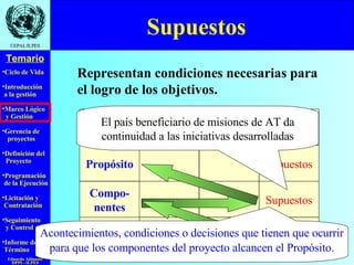 Supuestos  Representan condiciones necesarias para el logro de los objetivos. Acontecimientos, condiciones o decisiones que tienen que ocurrir para que los componentes del proyecto alcancen el Propósito. El país beneficiario de misiones de AT da continuidad a las iniciativas desarrolladas Supuestos Supuestos Supuestos Supuestos Fin Propósito Compo- nentes Activi- dades 