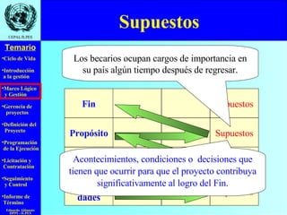 Supuestos  Representan condiciones necesarias para el logro de los objetivos. Acontecimientos, condiciones o  decisiones que tienen que ocurrir para que el proyecto contribuya significativamente al logro del Fin. Los becarios ocupan cargos de importancia en su país algún tiempo después de regresar. Supuestos Supuestos Supuestos Supuestos Fin Propósito Compo- nentes Activi- dades 