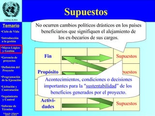 Supuestos  Representan condiciones necesarias para el logro de los objetivos. Acontecimientos, condiciones o decisiones importantes para la " sustentabilidad ” de los  beneficios generados por el proyecto. No ocurren cambios políticos drásticos en los países beneficiarios que signifiquen el alejamiento de los ex-becarios de sus cargos. Supuestos Supuestos Supuestos Supuestos Fin Propósito Compo- nentes Activi- dades 