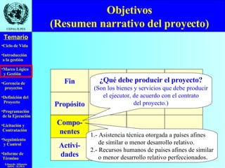 Objetivos (Resumen narrativo del proyecto) ¿Qué debe producir el proyecto? (Son los bienes y servicios que debe producir el ejecutor, de acuerdo con el contrato del proyecto.) 1.- Asistencia técnica otorgada a países afines de similar o menor desarrollo relativo. 2.- Recursos humanos de países afines de similar o menor desarrollo relativo perfeccionados. Fin Propósito Compo- nentes Activi- dades 