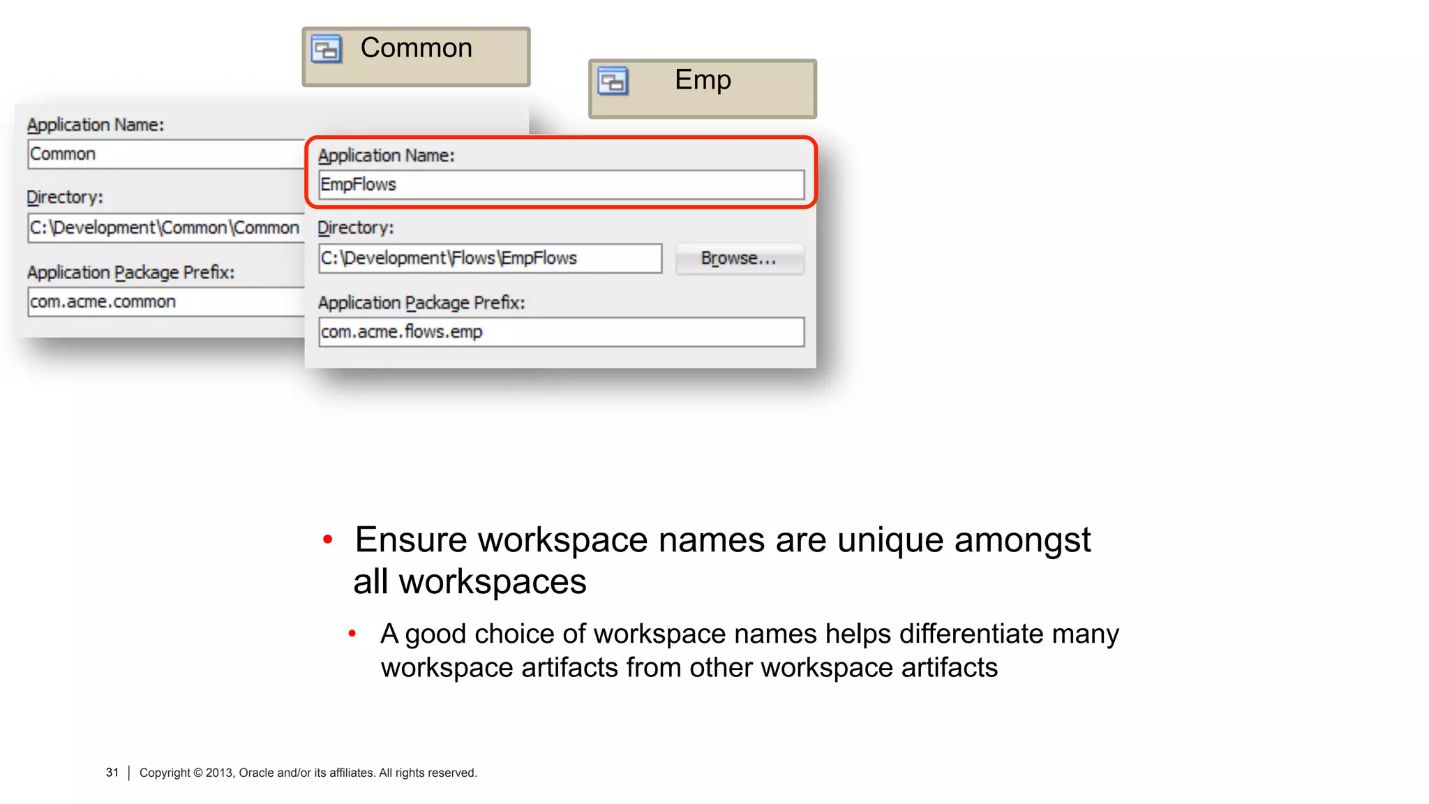 31 Copyright © 2013, Oracle and/or its affiliates. All rights reserved.31 Copyright © 2013, Oracle and/or its affiliates. All rights reserved.
•  Ensure workspace names are unique amongst
all workspaces
•  A good choice of workspace names helps differentiate many
workspace artifacts from other workspace artifacts
Common
Emp
 
