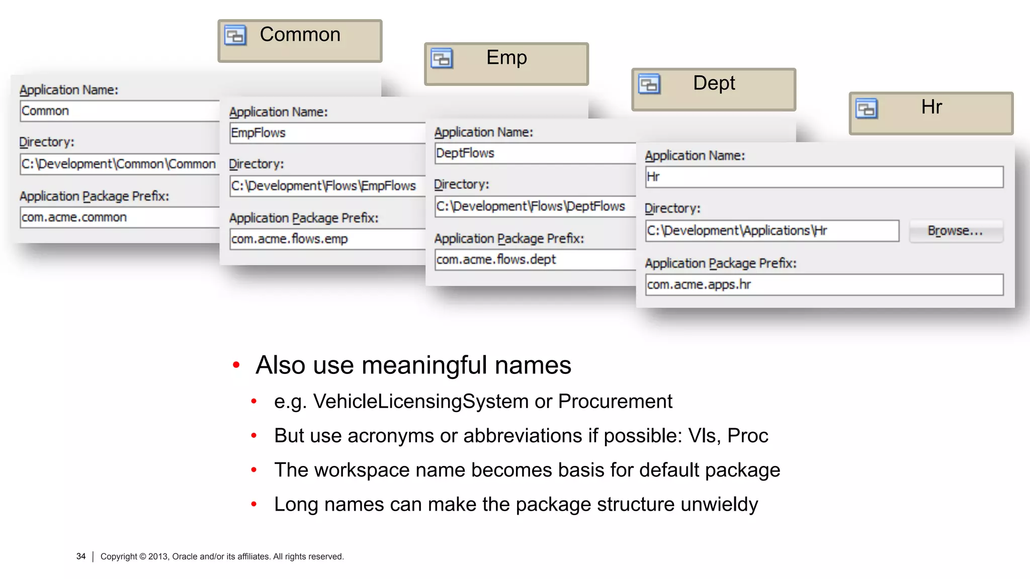 34 Copyright © 2013, Oracle and/or its affiliates. All rights reserved.34 Copyright © 2013, Oracle and/or its affiliates. All rights reserved.
•  Also use meaningful names
•  e.g. VehicleLicensingSystem or Procurement
•  But use acronyms or abbreviations if possible: Vls, Proc
•  The workspace name becomes basis for default package
•  Long names can make the package structure unwieldy
Common
Emp
Dept
Hr
 