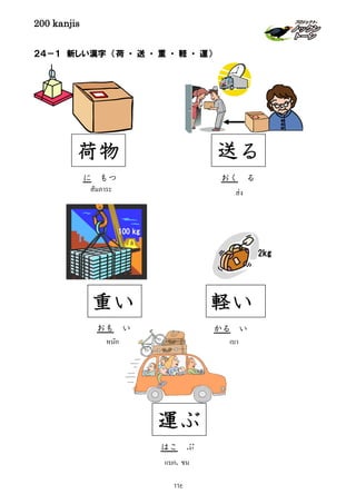 200 kanjis
２４－１ 新しい漢字 （荷 ・ 送 ・ 重 ・ 軽 ・ 運）
เบา
2kg
軽い
かる い
100 kg
重い
หนัก
おも い
荷物
สัมภาระ
に もつ
ส่ง
送る
おく る
運ぶ
แบก, ขน
はこ ぶ
116
 