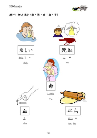 200 kanjis
２５－１ 新しい漢字 （悲 ・ 死 ・ 命 ・ 血 ・ 平）
ตาย
し ぬ
死ぬ
แบน, เรียบ
平ら
たい ら
เลือด
血
ち
かな し い
悲しい
เสียใจ
いのち
命
ชีวิต
121
 