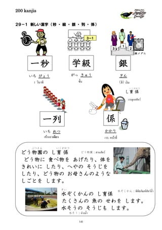 200 kanjis
２９－１ 新しい漢字 （秒 ・ 級 ・ 銀 ・ 列 ・ 係）
し育
いく
係
がかり
เวรดูแลสัตว์
係
เวร, หน้าที่
かかり
３－１
がっ きゅう
学級
ชั้น
どう物
ぶつ
園
えん
の し育
いく
係
がかり
どう物に 食べ物を あげたり、体を
きれいに したり、へやの そうじを
したり、どう物の お母さんのような
しごとを します。
水
すい
ぞくかんの し育係
たくさんの 魚の せわを します。
水そうの そうじも します。
水ぞくかん：พิพิธภัณฑ์สัตว์นํ้า
水そう：อ่างนํ้า
どう物園：สวนสัตว์
一列
เข้าแถวเดียว
いち れつ
一秒
いち びょう
1 วินาที
銀
１
２３
銀メダル
(สี) เงิน
ぎん
141
 