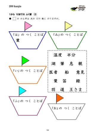 200 kanjis
１から 1０までの ふく習 (２)
● の かん字は 次の どの 船に のりますか。
温度 半分
湖 筆 息 親
医者 船 意見
葉 笛 緑
羽 道 王さま
「は」の つく ことば 「み」の つく ことば
「い」の つく ことば
「ふ」の つく ことば
「お」の つく ことば
葉
184
 