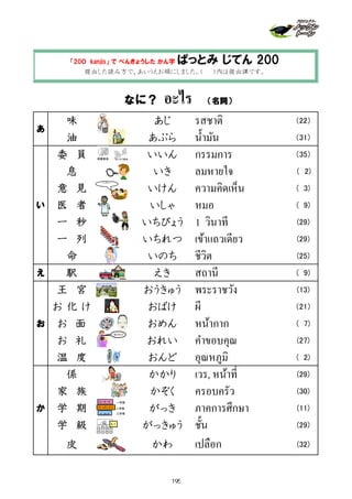 味 あじ รสชาติ （22）
油 あぶら นํ้ามัน （31）
委 員 いいん กรรมการ （35）
息 いき ลมหายใจ （ 2)
意 見 いけん ความคิดเห็น ( 3)
い 医 者 いしゃ หมอ ( 9)
一 秒 いちびょう 1 วินาที (29)
一 列 いちれつ เข้าแถวเดียว (29)
命 いのち ชีวิต (25)
え 駅 えき สถานี ( 9)
王 宮 おうきゅう พระราชวัง (13)
お 化 け おばけ ผี （21）
お お 面 おめん หน้ากาก ( 7)
お 礼 おれい คําขอบคุณ (27)
温 度 おんど อุณหภูมิ ( 2)
係 かかり เวร, หน้าที่ (29)
家 族 かぞく ครอบครัว (30)
か 学 期 がっき ภาคการศึกษา (11)
学 級 がっきゅう ชั้น (29)
皮 かわ เปลือก (32)
あ
なに？ อะไร （名詞）
「20０ kanjis」 で べんきょうした かん字 ぱっとみ じてん 200
提出した読み方で、あいうえお順にしました。（ ）内は提出課です。
9月 10月11月12
4月 5月 6月7
1月 2月3月
一学期
二学期
三学期
3-1
図書委員 せいそう委員
ありがとう
どう思う？
195
 