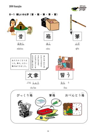 200 kanjis
８－１ 新しいかん字 （昔 ・ 箱 ・ 筆 ・ 章 ・ 習）
びっくり箱
ばこ
筆箱
ばこ
おべんとう箱
ばこ
習う
なら う
เรียน
筆
ふで
พู่กัน
文章
ぶん しょう
ประโยค
昔
むかし
สมัยก่อน
あ
し
た
は
わ
た
し
の
た
ん
じ
ょ
う
日
で
す
。
十
才
に
な
り
ま
す
。
ど
ん
な
プ
レ
ゼ
ン
ト
を
も
ら
う
か
楽
し
み
で
す
。
あたたかくなりま
した。草の、小さい
葉が出てきました。
箱
はこ
กล่อง
36
 
