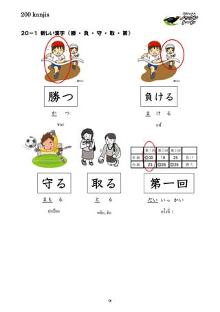 200 kanjis
２０－１ 新しい漢字 （勝 ・ 負 ・ 守 ・ 取 ・ 第）
勝つ
か つ
ชนะ
負ける
ま け る
แพ้
守る
ปกป้อง
まも る
第一回
ครั้งที่ 1
だい いっ かい
第1回 第2回 第3回
赤組 ◎30 19 25 負け
白組 23 ◎28 ◎29 勝ち
取る
หยิบ, จับ
と る
96
 