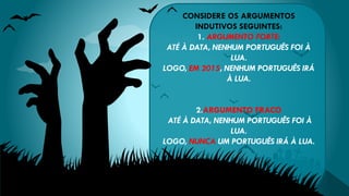 CONSIDERE OS ARGUMENTOS
INDUTIVOS SEGUINTES:
1. ARGUMENTO FORTE:
ATÉ À DATA, NENHUM PORTUGUÊS FOI À
LUA.
LOGO, EM 2015, NENHUM PORTUGUÊS IRÁ
À LUA.
2.ARGUMENTO FRACO
ATÉ À DATA, NENHUM PORTUGUÊS FOI À
LUA.
LOGO, NUNCA UM PORTUGUÊS IRÁ À LUA.
 