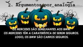 EXEMPLO
OS MERCEDES SÃO SEMELHANTES AOS BMW.
OS MERCEDES TÊM A CARATERÍSTICA DE SEREM SEGUROS.
LOGO, OS BMW SÃO CARROS SEGUROS.
 