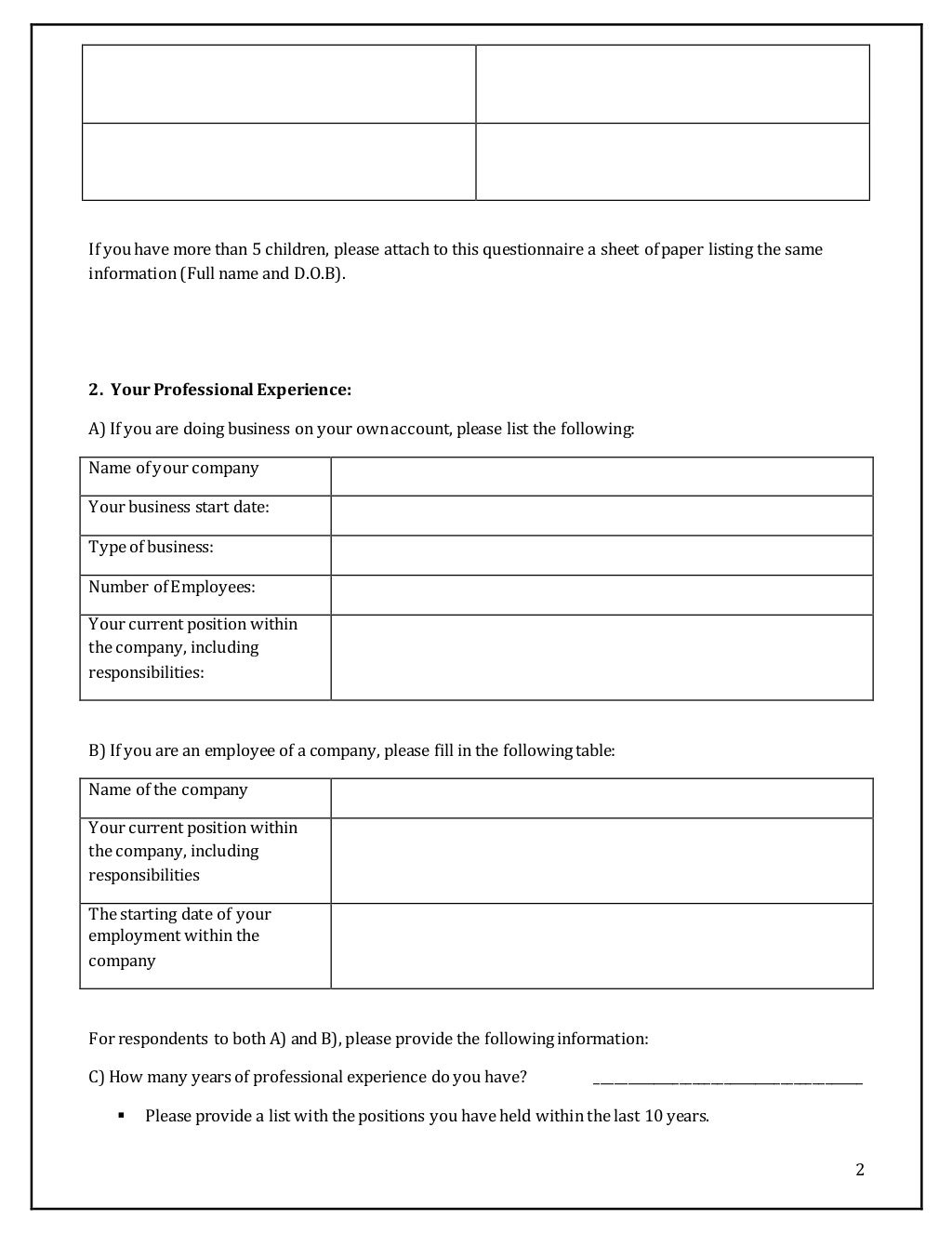 Preliminary Immigration Questionnaire