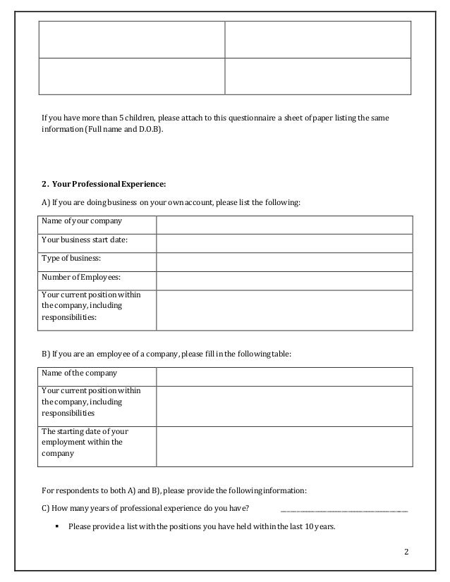 Preliminary Immigration Questionnaire