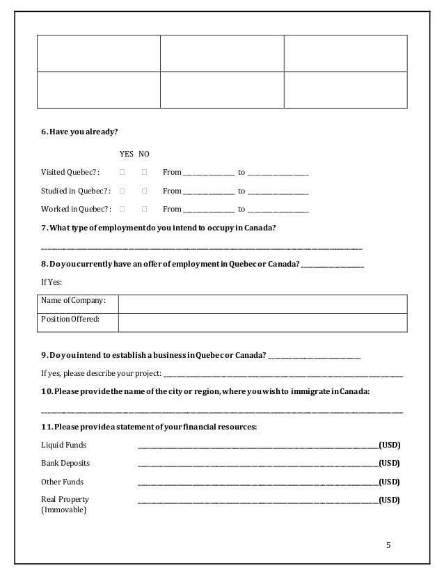 Preliminary Immigration Questionnaire