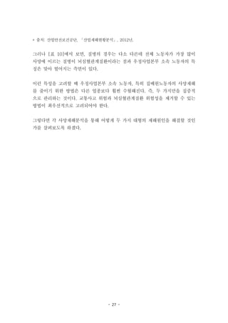 - 27 -
* 출처: 산업안전보건공단, 「산업재해현황분석」, 2012년.
그러나 [표 10]에서 보면, 질병의 경우는 다소 다른데 전체 노동자가 가장 많이
사망에 이르는 질병이 뇌심혈관계질환이라는 점과 우정사업본부 소속 노동자의 특
징은 맞아 떨어지는 측면이 있다.
이런 특성을 고려할 때 우정사업본부 소속 노동자, 특히 집배원노동자의 사망재해
를 줄이기 위한 방법은 다른 업종보다 훨씬 수월해진다. 즉, 두 가지만을 집중적
으로 관리하는 것이다. 교통사고 위험과 뇌심혈관계질환 위험성을 제거할 수 있는
방법이 최우선적으로 고려되어야 한다.
그렇다면 각 사망재해분석을 통해 어떻게 두 가지 대형의 재해원인을 해결할 것인
가를 살펴보도록 하겠다.
 