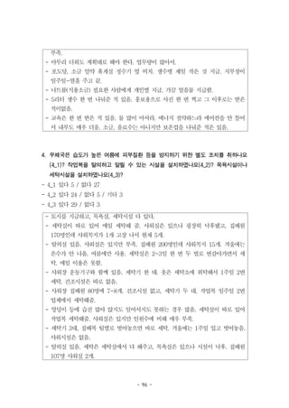 - 96 -
부족.
- 아무리 더워도 계획대로 해야 한다. 업무량이 많아서.
- 포도당, 소금 알약 휴게실 정수기 옆 비치. 생수병 제일 작은 것 지급. 지부장이
일주일~열흘 주고 끝.
- 나트륨(식용소금) 필요한 사람에게 개인별 지급. 가끔 얼음물 지급함.
- 5리터 생수 한 번 나눠준 적 있음. 홍보용으로 사진 한 번 찍고 그 이후로는 받은
적이없음.
- 교육은 한 번 받은 적 있음. 물 많이 마셔라. 에너지 절약하느라 에어컨을 안 틀어
서 내부도 매우 더움. 소금, 음료수는 아니지만 보온컵을 나눠준 적은 있음.
- 토시를 지급하고, 목욕실, 세탁시설 다 있다.
- 세탁실이 따로 있어 매일 세탁해 줌. 샤워실은 있으나 굉장히 낙후됐고, 집배원
170명인데 샤워꼭지가 1개 고장 나서 현재 5개.
- 탈의실 있음. 샤워실은 있지만 부족. 집배원 200명인데 샤워꼭지 15개. 겨울에는
온수가 안 나옴. 여름에만 사용. 세탁실은 2~3일 한 번 두 벌로 번갈아가면서 세
탁. 매일 이용은 못함.
- 샤워장 운동기구와 함께 있음. 세탁기 한 대. 옷은 세탁소에 위탁해서 1주일 2번
세탁. 건조시설은 따로 없음.
- 샤워장 집배원 80명에 7~8개. 건조시설 없고, 세탁기 두 대, 작업복 일주일 2번
업체에서 세탁해줌.
- 엉덩이 등에 습진 많아 앉지도 일어서지도 못하는 경우 많음. 세탁실이 따로 있어
작업복 세탁해줌. 샤워실은 있지만 인원수에 비해 매우 부족.
- 세탁기 3대, 집배복 팀별로 벗어놓으면 바로 세탁. 겨울에는 1주일 입고 벗어놓음.
샤워시설은 없음.
- 탈의실 있음. 세탁은 세탁실에서 다 해주고, 목욕실은 있으나 시설이 낙후. 집배원
107명 샤워실 2개.
4. 우체국은 습도가 높은 여름에 피부질환 등을 방지하기 위한 별도 조치를 취하나요
(4_1)? 작업복을 탈의하고 말릴 수 있는 시설을 설치하였나요(4_2)? 목욕시설이나
세탁시설을 설치하였나요(4_3)?
- 4_1 있다 5 / 없다 27
- 4_2 있다 24 / 없다 5 / 기타 3
- 4_3 있다 29 / 없다 3
 