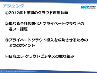 ①2012年上半期のクラウド市場動向

    ②単なる全社仮想化とプライベートクラウドの
     違い・課題

    ③プライベートクラウド導入を成功させるための
     ３つのポイント

    ④日商エレ クラウドビジネスの取り組み


4   All Copy Right reserved by Nissho Electronics Corp,2012
 