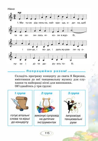 115
Складіть програму концерту до свята 8 Березня,
вмістивши до неї танцювальну музику для слу-
хання та найкращі пісні для виконання.
Об’єднайтесь у три групи:
П о п р а ц ю й м о р а з о м!
виконує супровід
на дитячих
інструментах
готує вітальні
слова та вірші
до концерту
1 група 2 група 3 група
імпровізує
танцювальні
рухи
Ніжно
1. Ма- ту-сю рід- нень-ка, най- кра- ща, є- ди- на, щоб
ти не хи- ли- лась ні- ко- ли в жур- бі,
і сон-це, і во- ди, і даль жу-рав- ли- ну о-
ну- ки і ді- ти да- ру- ють то- бі.
 