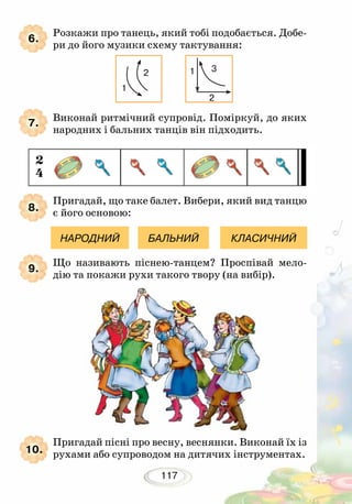 117
Розкажи про танець, який тобі подобається. Добе-
ри до його музики схему тактування:
Виконай ритмічний супровід. Поміркуй, до яких
народних і бальних танців він підходить.
Пригадай, що таке балет. Вибери, який вид танцю
є його основою:
Що називають піснею-танцем? Проспівай мело-
дію та покажи рухи такого твору (на вибір).
Пригадай пісні про весну, веснянки. Виконай їх із
рухами або супроводом на дитячих інструментах.
НАРОДНИЙ БАЛЬНИЙ КЛАСИЧНИЙ
6.
7.
8.
9.
10.
1
2
3
1
2
 