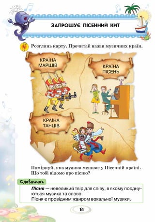 148
ЗАПРОШУЄ ПІСЕННИЙ КИТ
Розглянь карту. Прочитай назви музичних країн.
Поміркуй, яка музика мешкає у Пісенній країні.
Що тобі відомо про пісню? 
Пісня — невеликий твір для співу, в якому поєдну-
ються музика та слово.
Пісня є провідним жанром вокальної музики.
Словничок
КРАЇНА
МАРШІВ КРАЇНА
ПІСЕНЬ
КРАЇНА
ТАНЦІВ
 