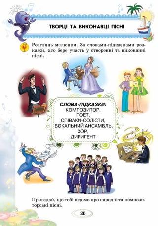 208
ТВОРЦІ ТА ВИКОНАВЦІ ПІСНІ
Розглянь малюнки. За словами-підказками роз-
кажи, хто бере участь у створенні та виконанні
пісні.
Пригадай, що тобі відомо про народні та компози-
торські пісні.
СЛОВА-ПІДКАЗКИ:
КОМПОЗИТОР,
ПОЕТ,
СПІВАКИ-СОЛІСТИ,
ВОКАЛЬНИЙ АНСАМБЛЬ,
ХОР,
ДИРИГЕНТ
 