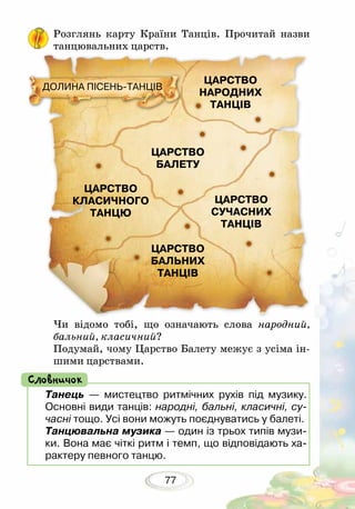 77
Розглянь карту Країни Танців. Прочитай назви
танцювальних царств.
Чи відомо тобі, що означають слова народний,
бальний, класичний?
Подумай, чому Царство Балету межує з усіма ін-
шими царствами.
Танець — мистецтво ритмічних рухів під музику.
Основні види танців: народні, бальні, класичні, су­
часні тощо. Усі вони можуть поєднуватись у балеті.
Танцювальна музика — один із трьох типів музи-
ки. Вона має чіткі ритм і темп, що відповідають ха-
рактеру певного танцю.
Словничок
ЦАРСТВО
БАЛЕТУ
ЦАРСТВО
КЛАСИЧНОГО
ТАНЦЮ
ЦАРСТВО
БАЛЬНИХ
ТАНЦІВ
ЦАРСТВО
НАРОДНИХ
ТАНЦІВ
ЦАРСТВО
СУЧАСНИХ
ТАНЦІВ
ДОЛИНА ПІСЕНЬ-ТАНЦІВ
 