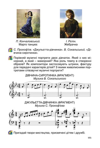 105
	 С. Прокоф’єв. «Джульєтта-дівчинка». В. Сокальський. «Ді-
вчина-сиротинка».
Порівняй музичні портрети двох дівчаток. Який з них мі-
норний, а який – мажорний? Яка роль темпу в створенні
образів? Як композитори застосовують штрихи, фактуру
для передачі характерів дітей? З якими живописними пор-
третами співзвучні музичні портрети?
Дівчина-сиротинка (фрагмент)
Музика В. Сокальського
Джульєтта-Дівчинка (фрагмент)
Музика С. Прокоф'єва
	 Пригадай твори мистецтва, присвячені дітям і дружбі.
П. Кончаловський.
Марго танцює
І. Рєпін.
Жебрачка
 