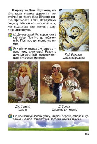 125
Щороку на День Перемоги, на­
віть коли станеш дорослим, зу­
стрічай це свято біля Вічного вог­
ню, приносячи квіти Невідомому
солдату. Ми маємо пам’ятати всіх,
хто подарував нам життя і щас­
ливе дитинство.
	 М. Дунаєвський. Кольорові сни з
к/ф «Мері Поппінс, до побачен-
ня!». Пісні про дитинство (на ви-
бір).
Як у різних творах мистецтва вті-
лено тему дитинства? Разом з
друзями організуй і проведи кон-
церт «Улюблені мелодії».
	 Під час канікул зверни увагу, на різні όбрази, створені му-
зикою – казкові, фантастичні, героїчні, комічні, ліричні.
К.М. Бергген.
Щаслива родина
Дж. Земскі.
Щастя
Д. Золан.
Щасливе дитинство
 