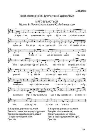 135
Додаток
Текст, призначений для читання дорослими
Мрії збуваються
Музика В. Полянського, слова Ю. Рибчинського
2. Є країна дивовижних мрій.
Там схід сонця завжди пурпуровий,
Там пливе кораблик паперовий
І у небі паперовий змій.
Приспів.
3. Є країна дивовижних мрій.
Там ріка ніколи не міліє,
Там душа ніколи не старіє,
Там, в країні дивовижних мрій.
Приспів.
 