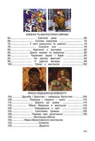143
КОМІЧНІ ТА ФАНТАСТИЧНІ ОБРАЗИ
64........................................ Святкові дива ........................................66
68..................................... Снігова королева ..................................... 70
72............................. У  світі реального та уявного ...........................74
76......................................... Силуети зла .........................................78
80................................ Картинки з виставки ................................82
84............................. Діалог музики та живопису .............................86
88............................. Чарівники звуків і барв .............................90
92.................................. На крилах фантазії ..................................94
96.................................. У  царстві вигадки ..................................98
100.................................. Гумор у мистецтві ..................................102
КРАСА ЛЮДСЬКОЇ ДУХОВНОСТІ
104............... Дружба і братство – найкраще багатство ...............106
108.......................... Природа і людина – єдині ..........................110
112.................................. Дорога до храму ..................................114
116........................ Образ Мадонни в мистецтві ........................118
120.................................. Найдорожча у світі ..................................122
124.................................. Святковий травень ..................................126
128.............................. Перевір свої досягнення ..............................129
130................................... Мистецька абетка
132.................... Види образотворчого мистецтва
133........................................... Словник
135............................................ Додаток
 