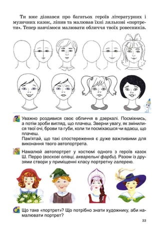33
Ти вже дізнався про багатьох героїв літературних і
музичних казок, ліпив та малював їхні лялькові «портре­
ти». Тепер навчімося малювати обличчя твоїх ровесників.
Уважно роздивися своє обличчя в дзеркалі. Посміхнись,
а потім зроби вигляд, що плачеш. Зверни увагу, як змінили-
ся твої очі, брови та губи, коли ти посміхаєшся чи вдаєш, що
плачеш.
	 Пам’ятай, що такі спостереження є дуже важливими для
виконання твого автопортрета.  
	 Намалюй автопортрет у костюмі одного з героїв казок
Ш. Перро (воскові олівці, акварельні фарби). Разом із дру-
зями створи у приміщенні класу портретну галерею.
	 Що таке «портрет»? Що потрібно знати художнику, аби на-
малювати портрет?
 