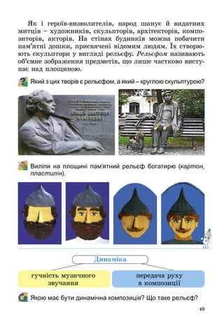 49
Як і героїв-визволителів, народ шанує й видатних
митців – художників, скульпторів, архітекторів, компо­
зиторів, акторів. На стінах будинків можна побачити
пам’ятні дошки, присвячені відомим людям. Їх створю­
ють скульптори у вигляді рельєфу. Рельєфом називають
об’ємне зображення предметів, що лише частково висту­
пає над площиною.
Який з цих творів є рельєфом, а який – круглою скульптурою?
	 Виліпи на площині пам’ятний рельєф богатирю (картон,
пластилін).
	 Якою має бути динамічна композиція? Що таке рельєф?
гучність музичного
звучання
передача руху
в композиції
Динаміка
 