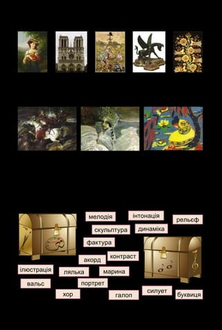 63
3. Назви види мистецтва за даними ілюстраціями.
4. Чим відрізняються рельєф і кругла скульптура?
Завдання Лясольки і Барвика
1. Поміркуй, якою музикою можна озвучити ці картинки.
2. Які види театральних ляльок тобі відомі? Назви, які музичні
твори їм присвятили композитори.
3. Розклади слова у відповідні мистецькі скрині. Які слова слід
розмістити в обох скринях?
мелодія інтонація
рельєф
скульптура динаміка
марина
контраст
фактура
ілюстрація лялька
портрет
галоп
силует
вальс
хор
акорд
буквиця
 