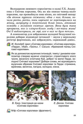 69
Володаркою зимового королівства в казці Г.Х. Андер­
сена є Снігова королева. Ось як він описав танець-політ
королеви, що промайнула повз вікно, як сніговий вихор:
«За вікном пурхали сніжинки; одна з них, більша, по­
чала рости, рости, поки нарешті не перетворилася на
жінку, загорнуту в тонісінький білий тюль, зітканий
немовби з мільйонів сніжних зірочок. Вона була така
прекрасна, вся із сліпучо-білого льоду і все-таки жива!
Очі її виблискували, як зорі, але в них не було тепла».
А композитор для зображення холодної бездушної ко­
ролеви добирає відповідні інтонації – звуки у верхньому
регістрі фортепіано, які зображують «крижаний дзвін».
	 Ж. Колодуб. Цикл «Снігова королева»: «Снігова королева»,
«Герда», «Кай», «Троль». Г. Сасько. «Крижаний палац Сні-
гової королеви».
Як за допомогою музичних інтонацій, темпу і динаміки ком-
позитор створює музичні «портрети»: страхітливого злого
троля, веселого хлопчика Кая, доброї та милої Герди, хо-
лодної Снігової королеви? Добери слова, які відповідають
музичним образам Снігової королеви та Герди: стримана,
мрійлива, велична, лагідна, холодна, ніжна.
	 М/ф «Снігова королева» (фрагмент).
В. Єрко. Ілюстрація до казки
«Снігова королева»
Е. Дюлак. Снігова
королева
 